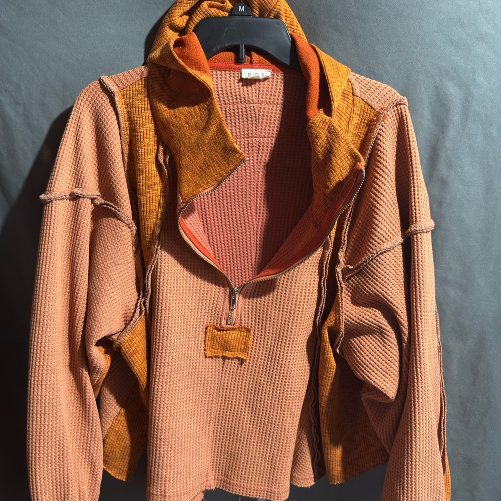 POL Waffle Knit Half-Zip Hoodie in Rust and Burnt Orange - Picture 2 of 4